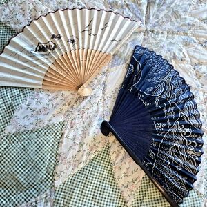Pair of Decorative Hand Fans - Navy Blue & Cream